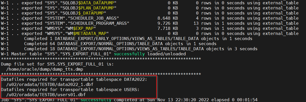 export transportable tablespace datafile
