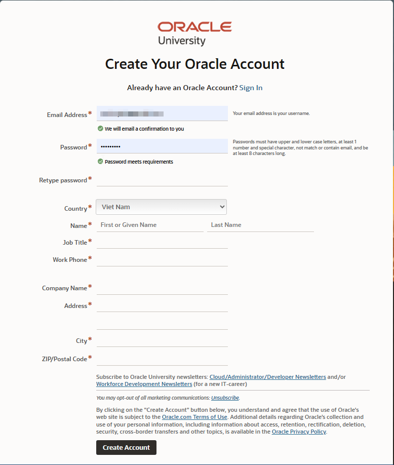 đăng ký tài khoản Oracle